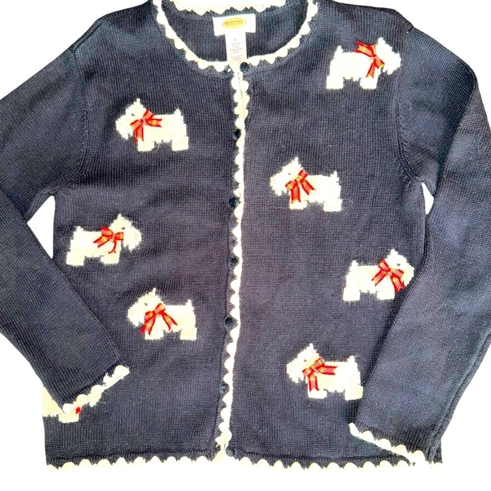 TALBOTS SWEATER CARDIGAN BLACK WHITE DOG WESTIE SCOTTISH TERRIER SIZE SP PETITE - Picture 3 of 15